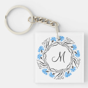 Cross-stitch Cornflower Circle Monogram Initial Key Ring