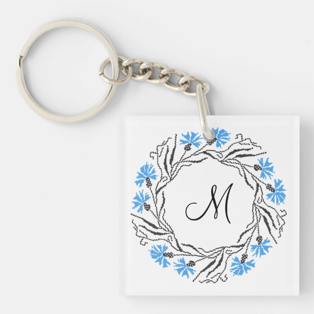 Cross-stitch Cornflower Circle  Monogram Initial Key Ring (Front)