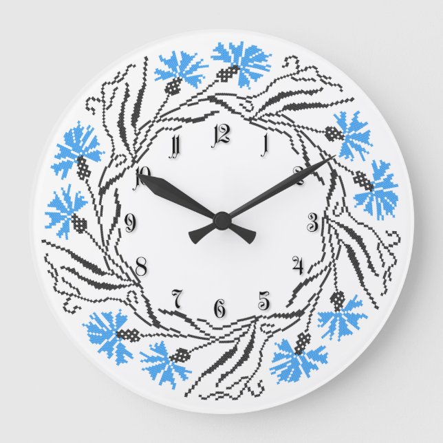 Cross-stitch Cornflower Circle  Monogram Initial Large Clock (Front)