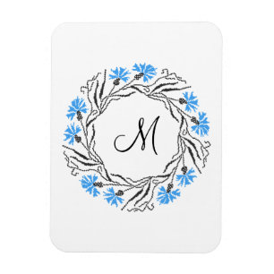 Cross-stitch Cornflower Circle Monogram Initial Magnet