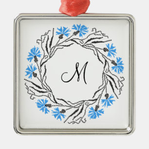 Cross-stitch Cornflower Circle Monogram Initial Metal Tree Decoration