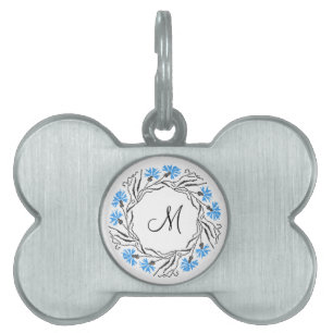 Cross-stitch Cornflower Circle  Monogram Initial Pet Name Tag