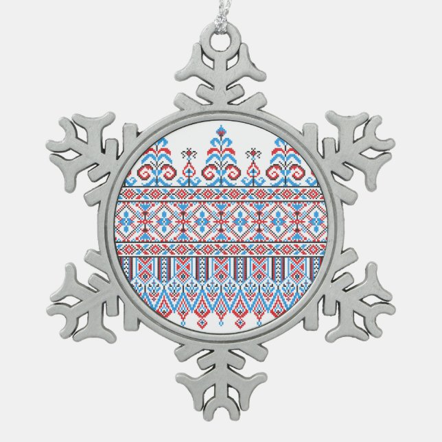 Cross-stitch design snowflake pewter christmas ornament (Front)