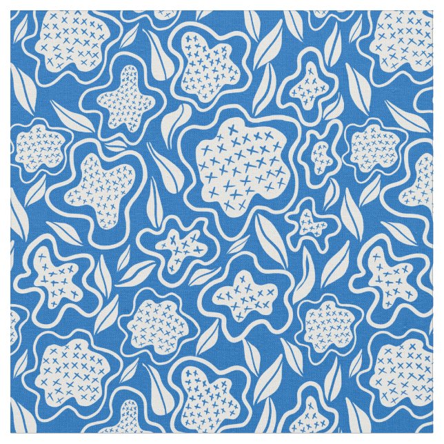 Cross Stitch Floral Royal Blue and White Fabric (Close Up)