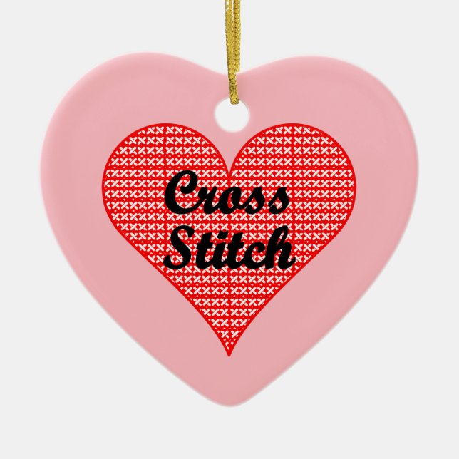 Cross Stitch Heart  Ceramic Tree Decoration (Front)