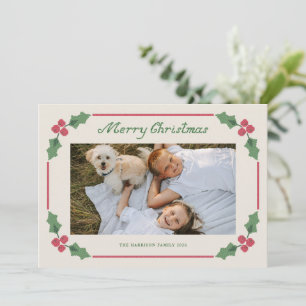Cross Stitch Holly Red and Green Merry Christmas Holiday Card