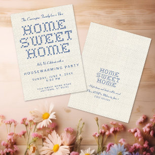 Cross-Stitch Home Sweet Home Blue Housewarming Invitation