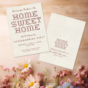 Cross-Stitch Home Sweet Home Burgundy Housewarming Invitation