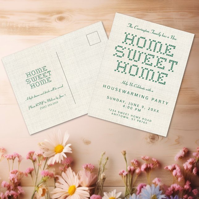 Cross-Stitch Home Sweet Home Green Housewarming Postcard (Rustic and Charming Faux Cross Stitch Home Sweet Home Green Housewarming Postcard Invitation)