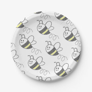 Cross Stitch Pattern Print Cute Bee Baby Shower Paper Plate