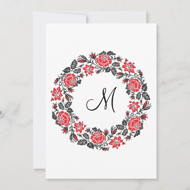 Cross-stitch Red Roses Circle Monogram Initial (Front)