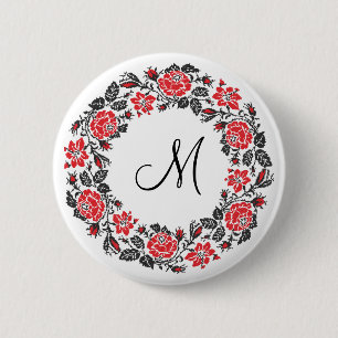 Cross-stitch Red Roses Circle Monogram Initial 6 Cm Round Badge