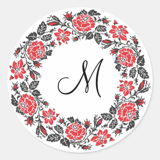 Cross-stitch Red Roses Circle Monogram Initial Classic Round Sticker (Front)