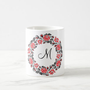 Cross-stitch Red Roses Circle Monogram Initial Coffee Mug
