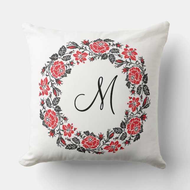 Cross-stitch Red Roses Circle Monogram Initial Cushion (Front)