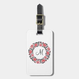 Cross-stitch Red Roses Circle Monogram Initial Luggage Tag
