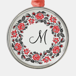 Cross-stitch Red Roses Circle Monogram Initial Metal Tree Decoration