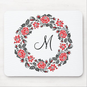 Cross-stitch Red Roses Circle Monogram Initial Mouse Pad