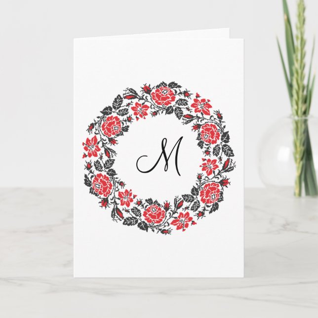 Cross-stitch Red Roses Circle Monogram Initial Note Card (Front)