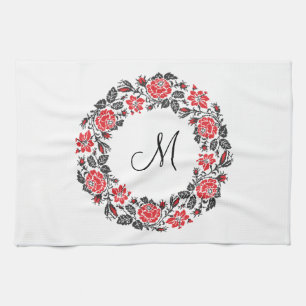 Cross-stitch Red Roses Circle Monogram Initial Tea Towel