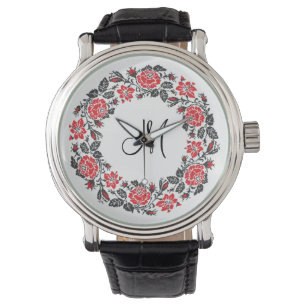Cross-stitch Red Roses Circle Monogram Initial Watch