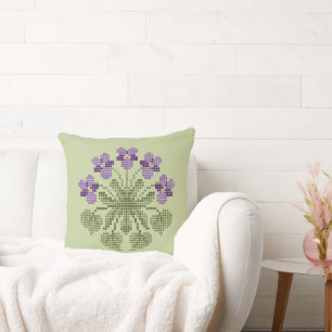 Cross Stitch Violets Throw Pillow