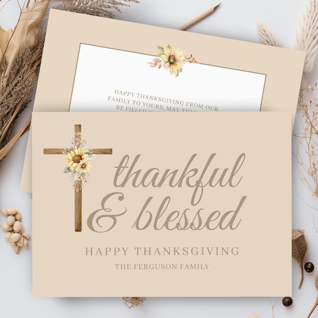 Cross Sunflower Chic Thankful Blessed Thanksgiving Holiday Card (earthy natural wood thankful and blessed happy thanksgiving cards with sunflowers and family names)