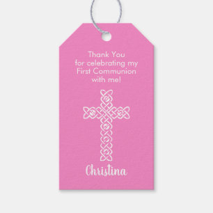 Cross Taffy Pink Communion Baptism Christening Gift Tags