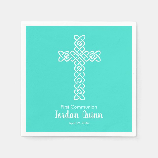 Cross | Turquoise Communion Baptism Christening Napkin (Front)