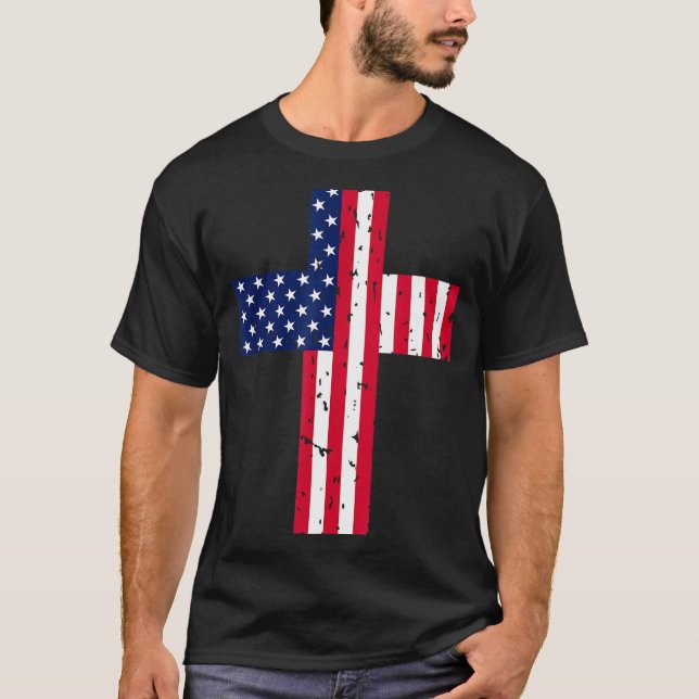 Cross Usa Flag Christian Religious Us America Fait T-Shirt (Front)