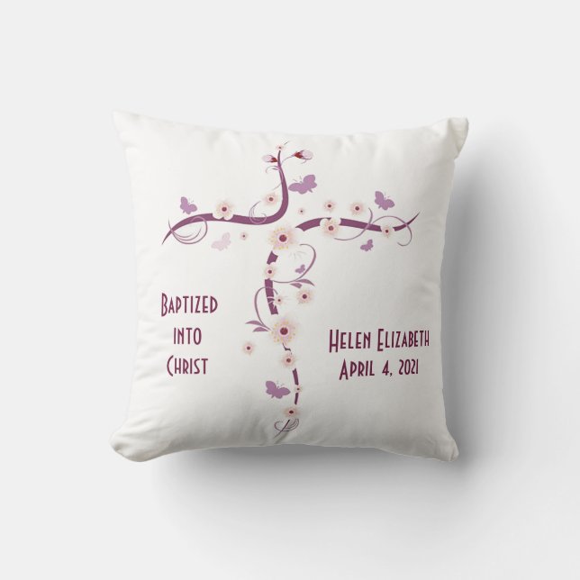 Cross w/Flower-Buttery BaptIsmal Keepsake Pillow (Front)
