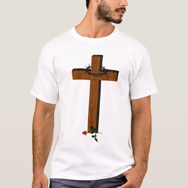 Cross With A Thorn Wreath And Rose T-Shirt (Front)