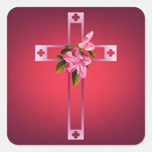 Cross with Azalea Flowers Easter Square Sticker