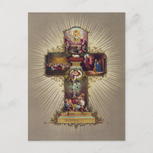 Cross with Biblical Scenes Children & Easter Eggs Holiday Postcard