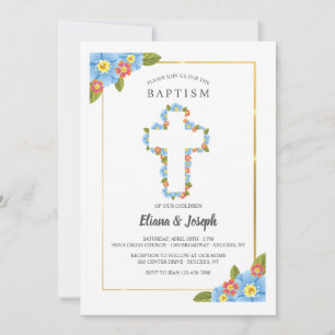 Cross with Blue and Red Flowers Invitation