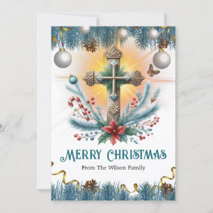 Cross with Candy Canes and Poinsettia, Christmas Holiday Card