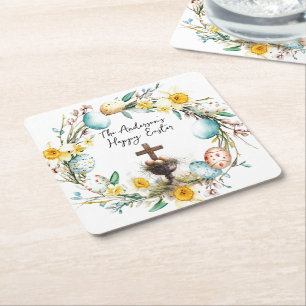 Cross with decorative eggs I floral Easter Square Paper Coaster