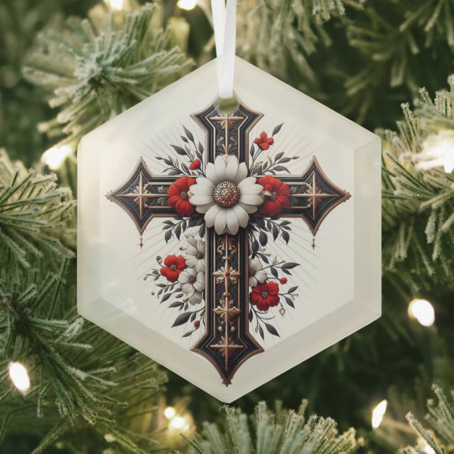 Cross with Flowers Glass Tree Decoration (Insitu)