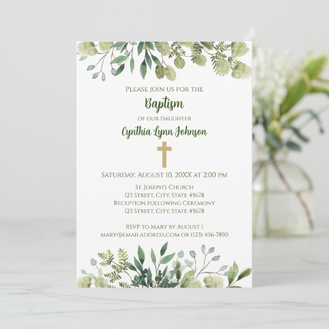 Cross with Greenery Baptism Invitation (Standing Front)