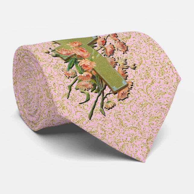 Cross with Pink Flowers on Gold Damask Pink Tie (Rolled)