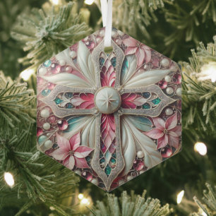 Cross with Poinsettias and Pearls Glass Tree Decoration