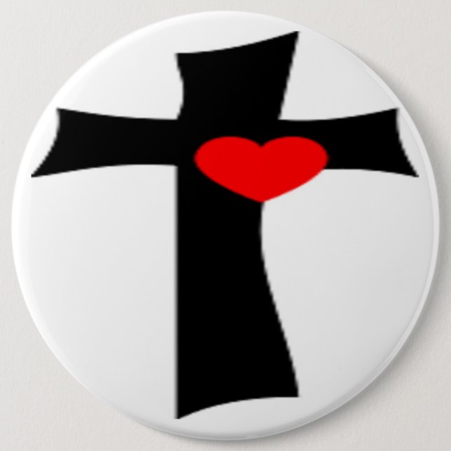 CROSS WITH RED HEART 6 CM ROUND BADGE (Front)