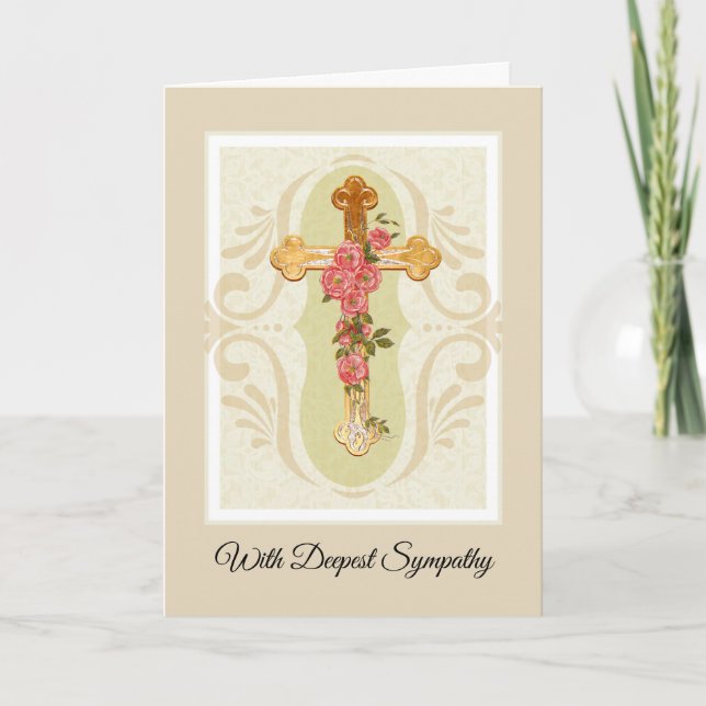 Cross with Roses Christian Condolence Sympathy Card (Front)