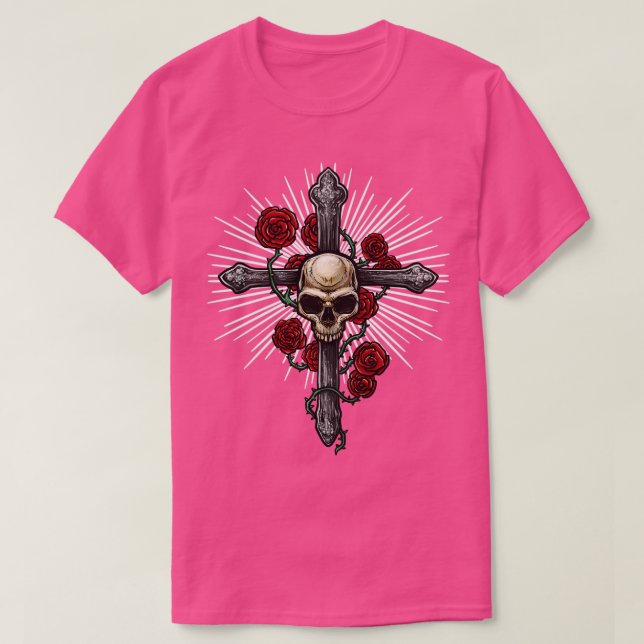 Cross with skull and roses  T-Shirt (Design Front)