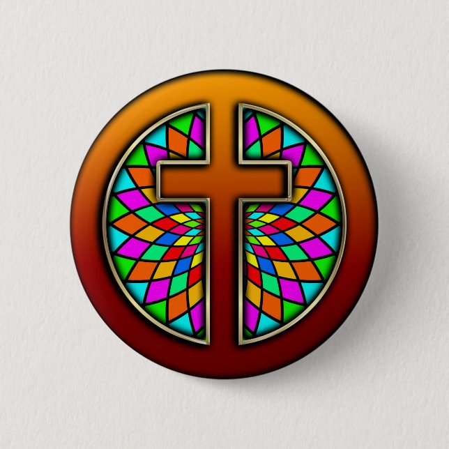 CROSS WITH STAINED GLASS 6 CM ROUND BADGE (Front)