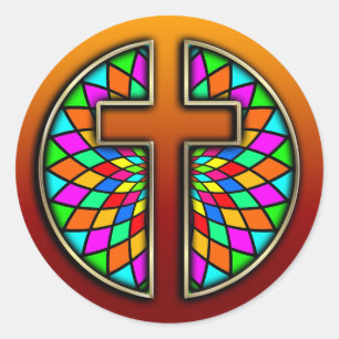 CROSS WITH STAINED GLASS CLASSIC ROUND STICKER