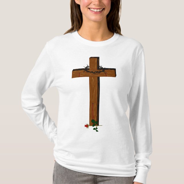 Cross With Thorn  Wreath  And A Red Rose T-Shirt (Front)
