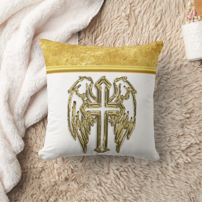 Cross with wings and white and gold foil design cushion (Blanket)