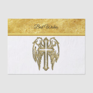 Cross with wings and white and gold foil design tissue paper