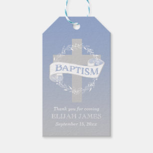 Cross Wreath Berries Baby Boy Baptism Gift Tags